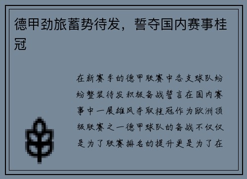 德甲劲旅蓄势待发，誓夺国内赛事桂冠